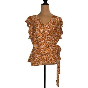 Max Studio Floral Wrap Blouse Flutter Sleeve Tie Waist Autumn Colors Top